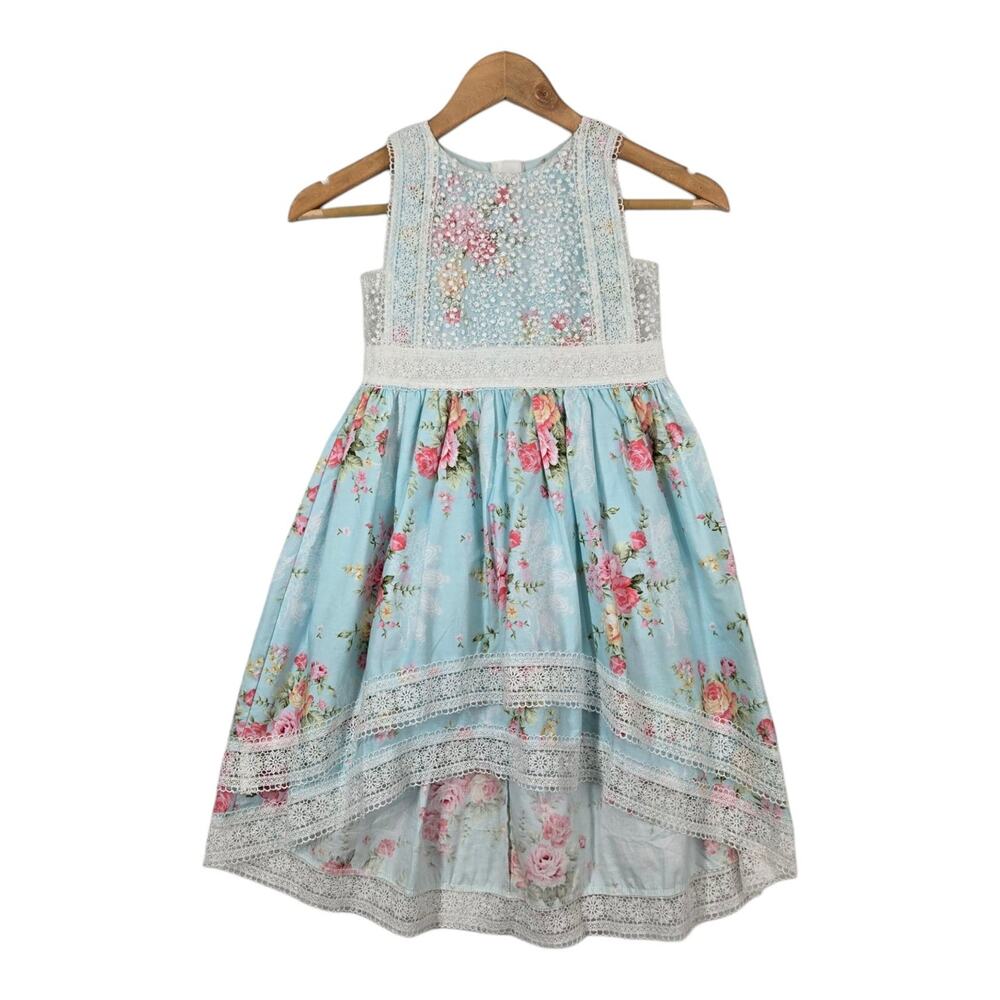 Trish Scully Floral Dress Girl sz 6 Blue Pink Lace Bodice High low Hem Party